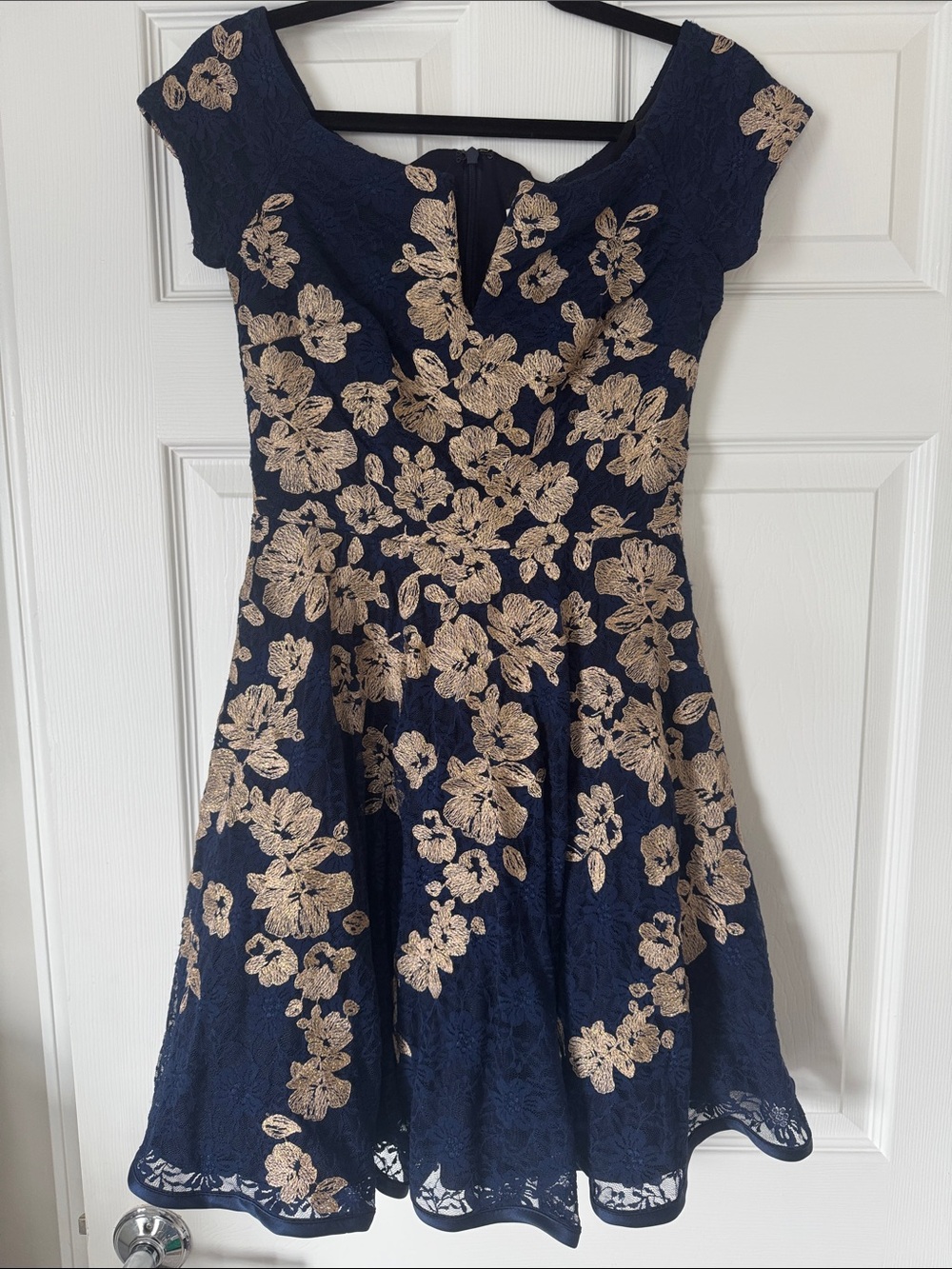 Aqua Navy Midi Dress with Gold Floral Lace